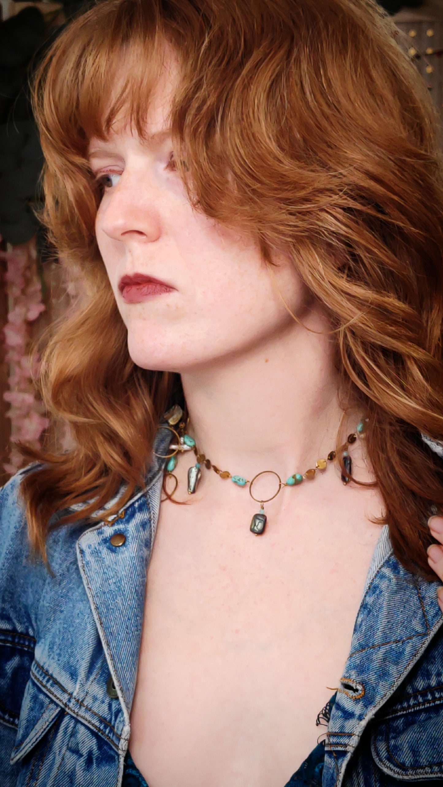 Genuine Turquoise Choker With Pearl & Abalone On Disk Sequin Chain