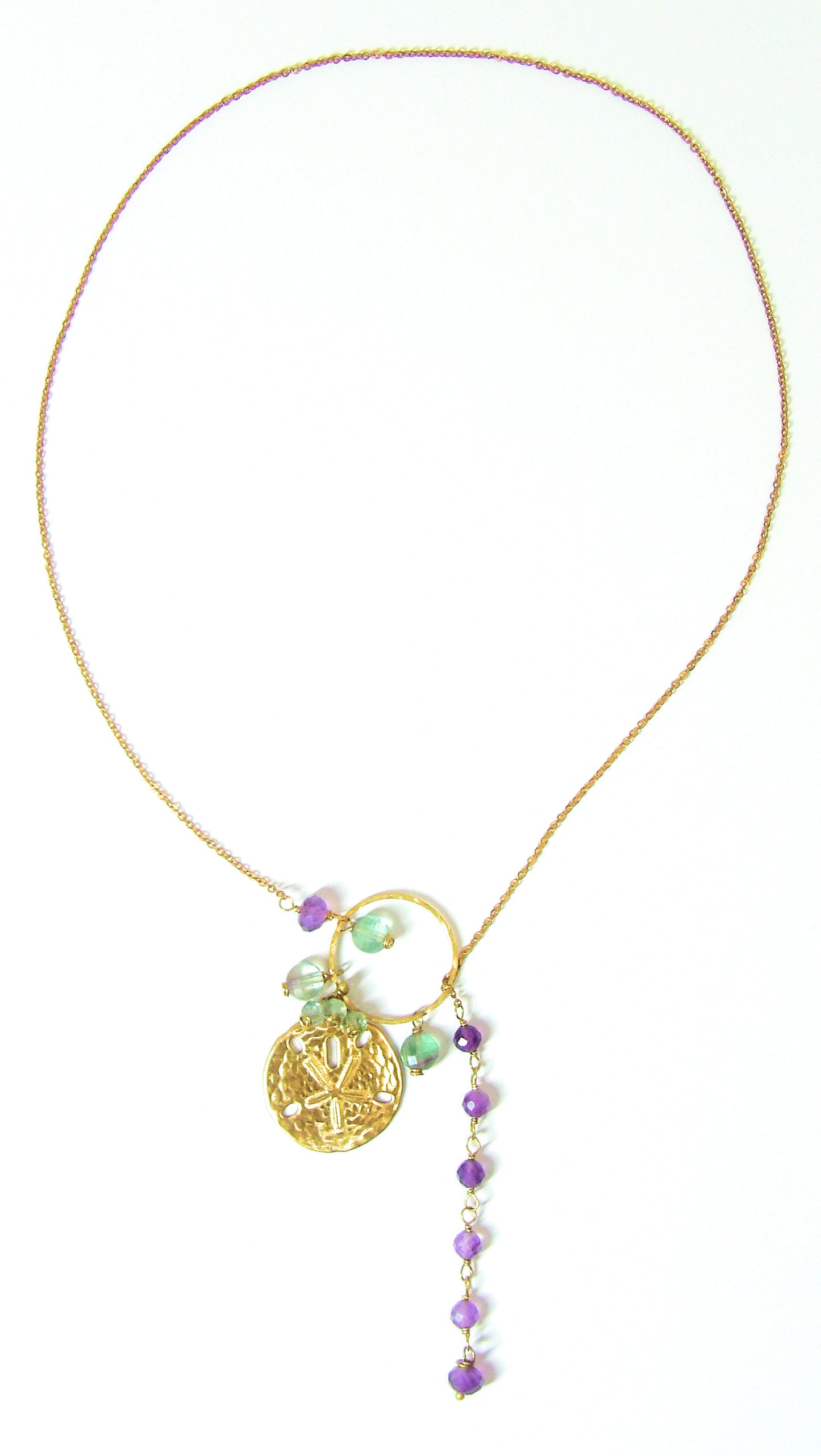 Sand Dollar Charm Lariat Necklace with Amethyst & Fluorite Beads – Tidal Collection