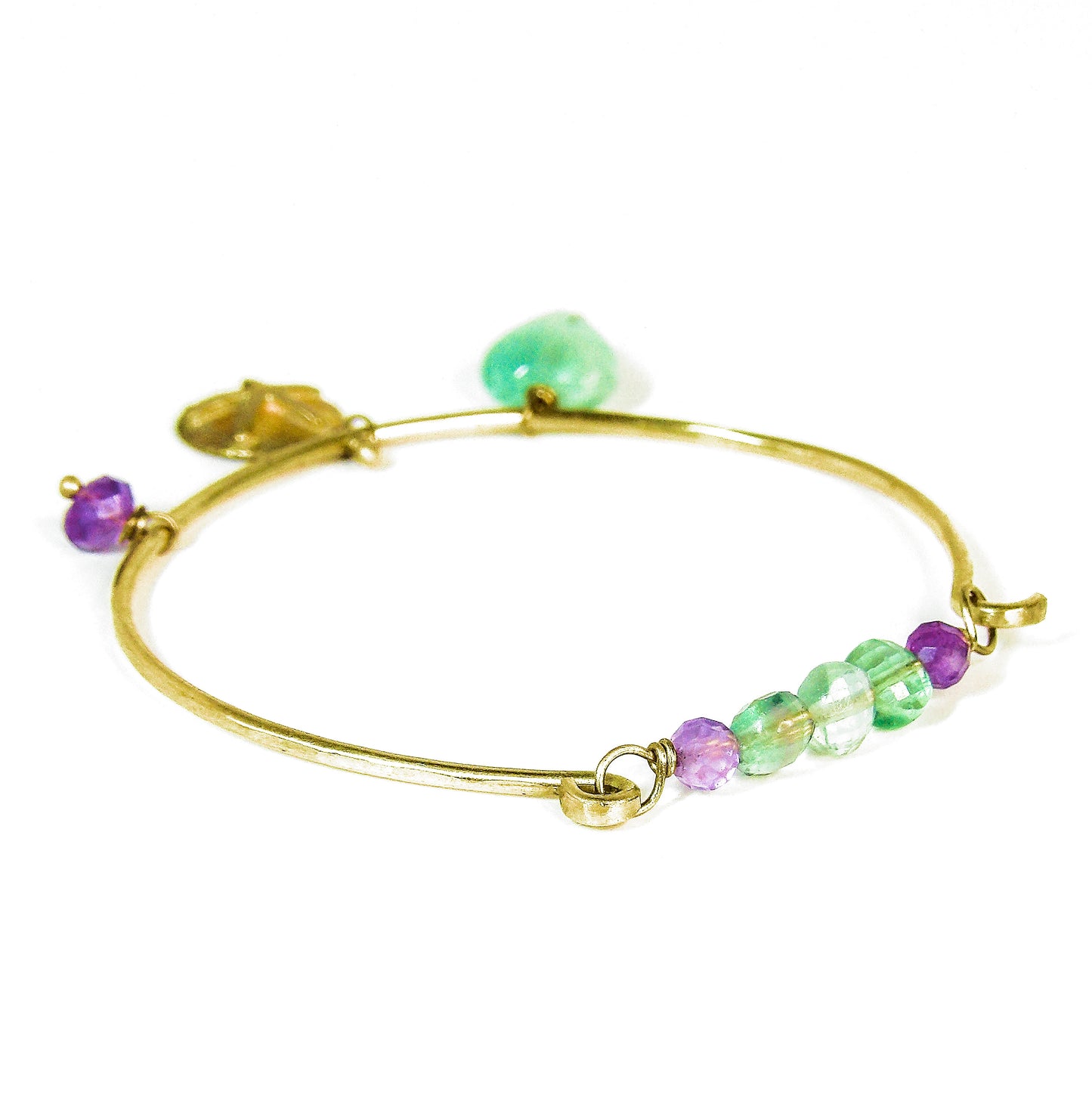 Hammered Brass Bangle with Fluorite & Amethyst Beads, Sand Dollar & Charms – Tidal Collection