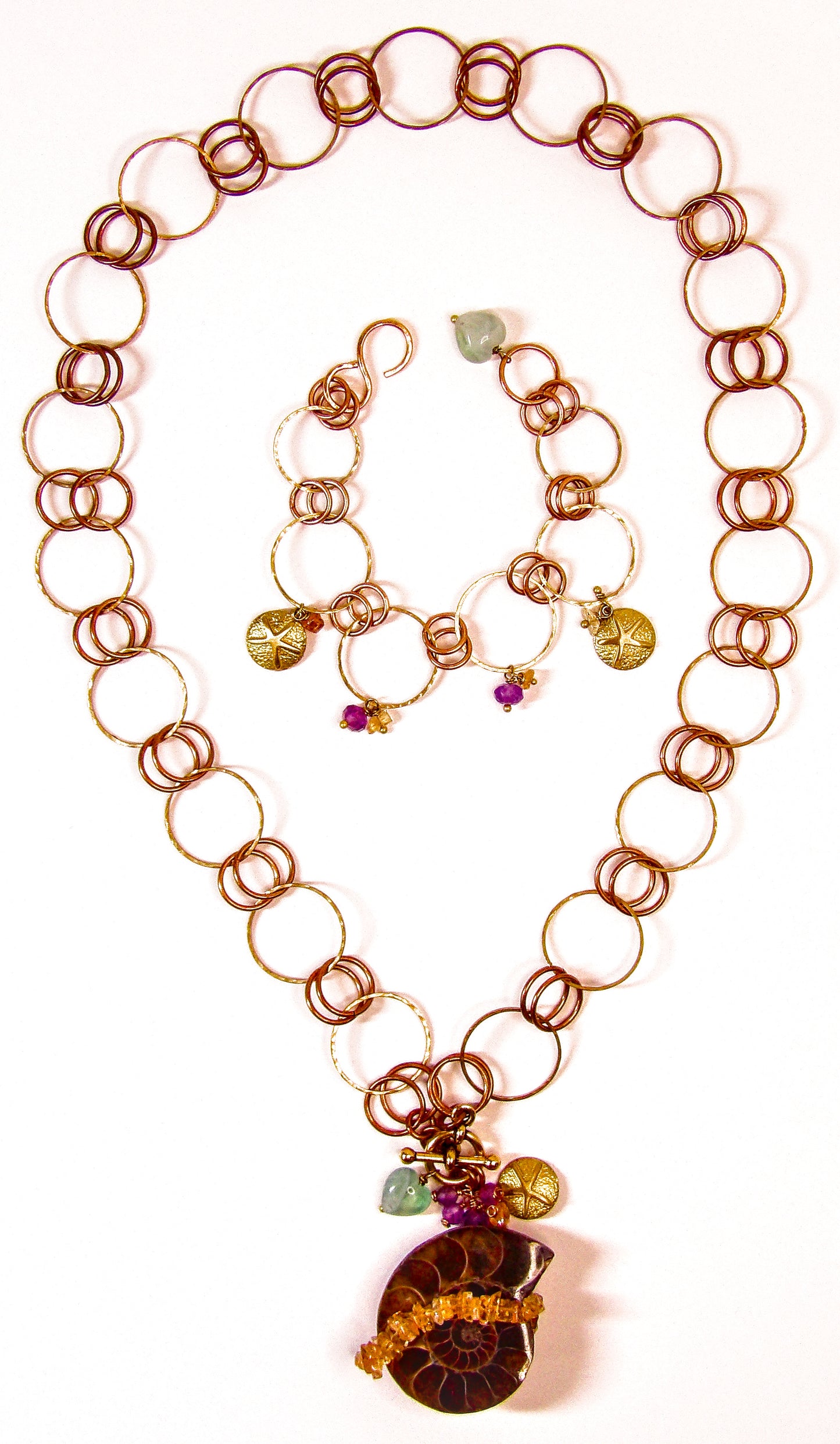 Genuine Ammonite Fossil Slice Necklace with Imperial Topaz, Amethyst & Fluorite – Tidal Collection