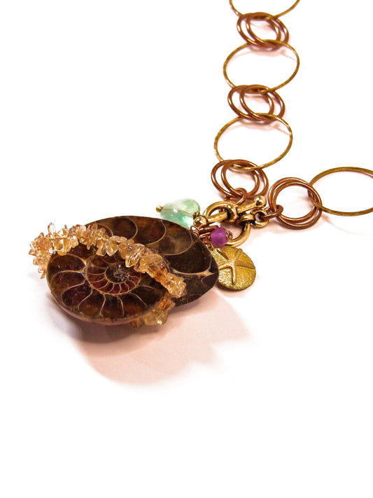 Genuine Ammonite Fossil Slice Necklace with Imperial Topaz, Amethyst & Fluorite – Tidal Collection