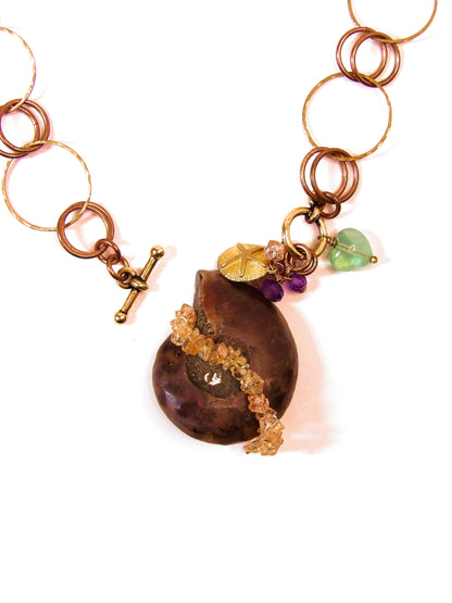 Genuine Ammonite Fossil Slice Necklace with Imperial Topaz, Amethyst & Fluorite – Tidal Collection