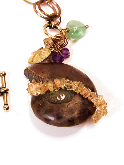 Genuine Ammonite Fossil Slice Necklace with Imperial Topaz, Amethyst & Fluorite – Tidal Collection