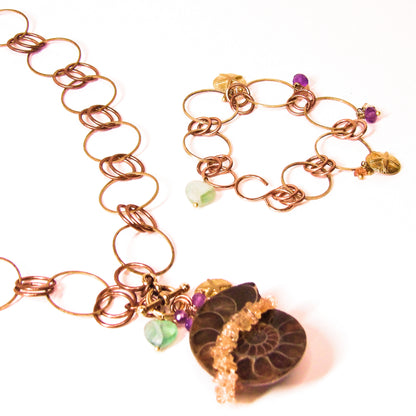 Genuine Ammonite Fossil Slice Necklace with Imperial Topaz, Amethyst & Fluorite – Tidal Collection