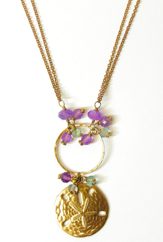 Dainty Brass Chain Choker Necklace with Hammered Brass Circle, Sand Dollar Charm, Amethyst & Fluorite - Tidal Collection