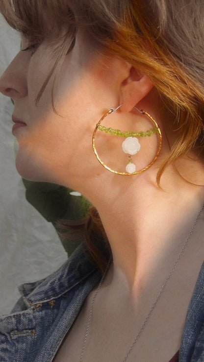 Hammered copper hoop earrings - 7th anniversary gift - gift for her - peridot earrings - jade earrings - rose earrings - bohemian jewelry