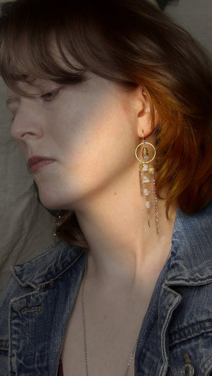 asymmetrical moon earrings - crescent moon earrings - hammered copper earrings - bohemian jewelry - goddess earrings - moonstone earrings - citrine earrings -festival outfit