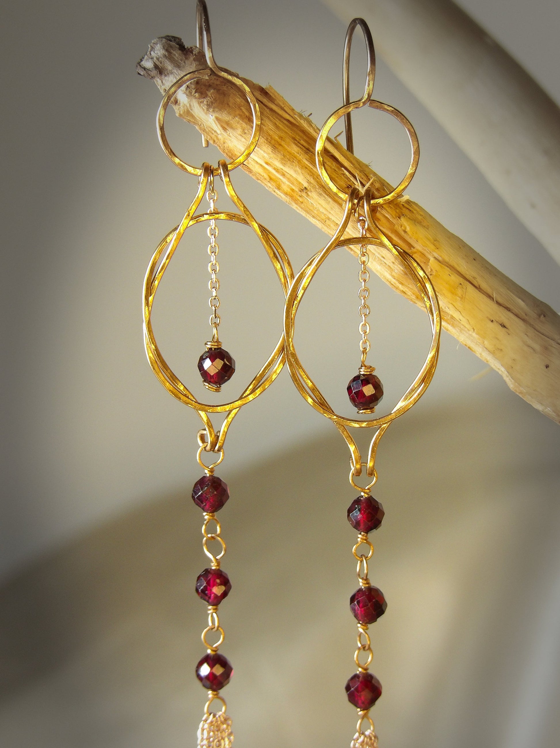 genuine garnet earrings, Hellenistic jewelry, hercules knot, lovers knot, sailors knot, bronze earrings, bronze jewelry, january birthstone, tassel earrings, dangle earrings