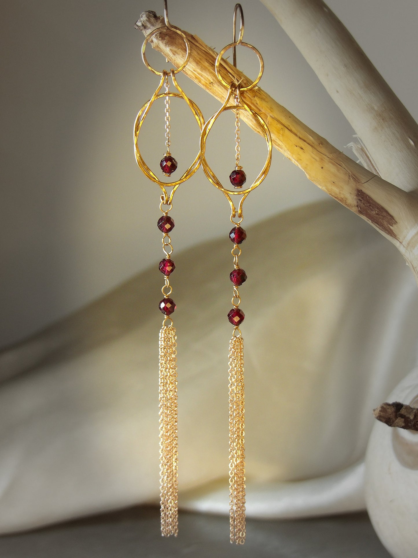 genuine garnet earrings, Hellenistic jewelry, hercules knot, lovers knot, sailors knot, bronze earrings, bronze jewelry, january birthstone, tassel earrings, dangle earrings