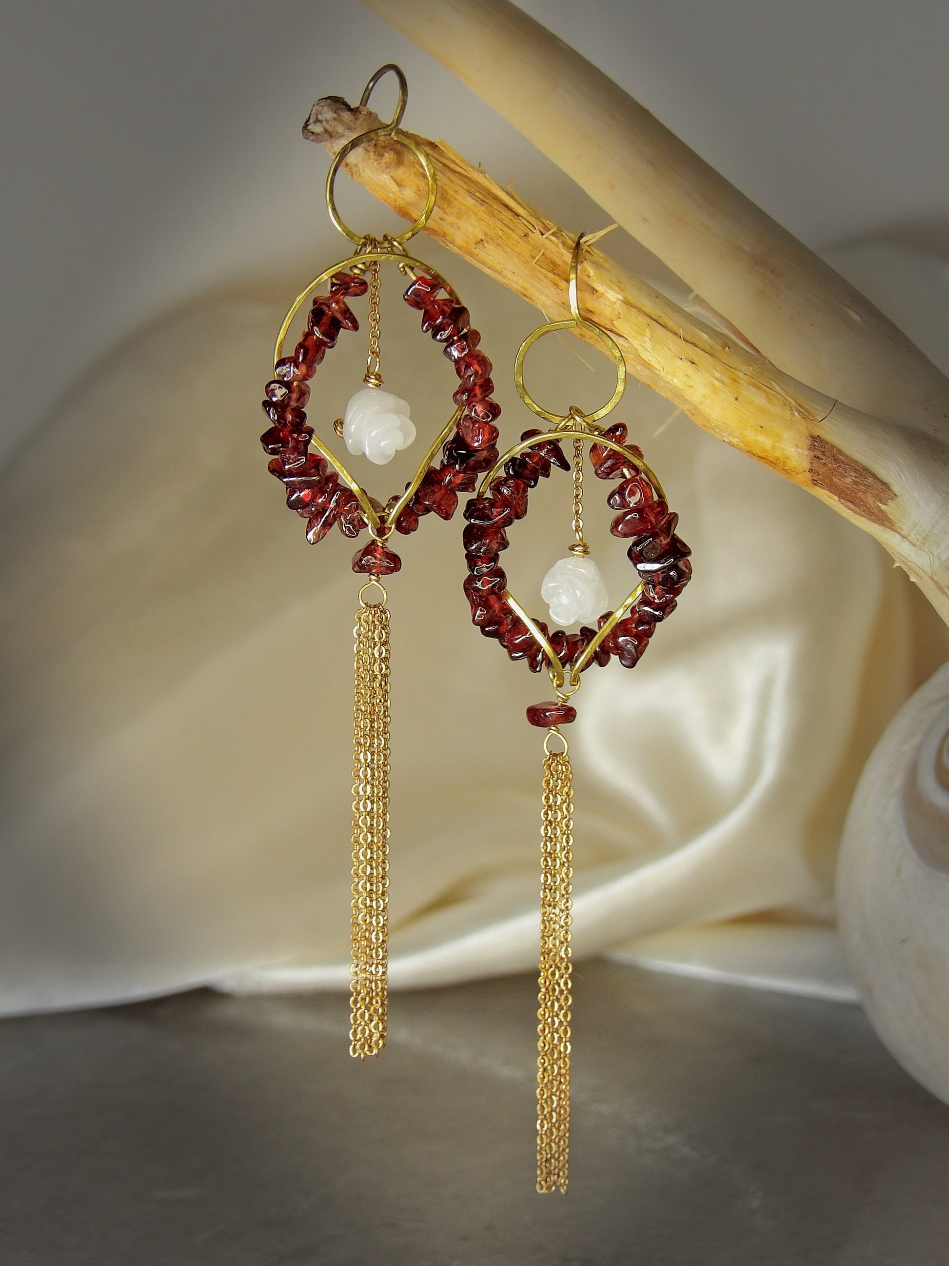 Genuine Garnet Earrings With White Jade Roses Hellenistic Style | Symbolic Jewelry | Ancient Greek Knot | January Birthstone