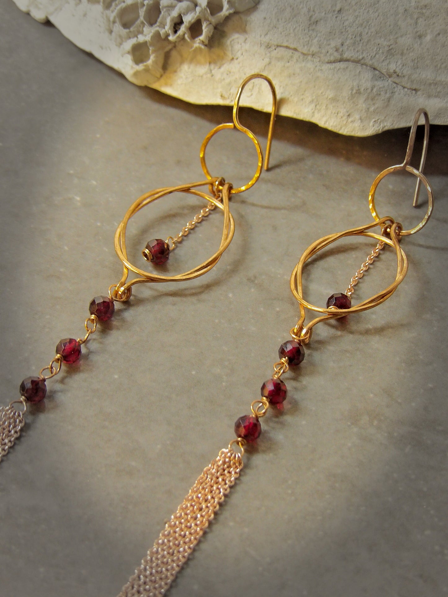 genuine garnet earrings, Hellenistic jewelry, hercules knot, lovers knot, sailors knot, bronze earrings, bronze jewelry, january birthstone, tassel earrings, dangle earrings