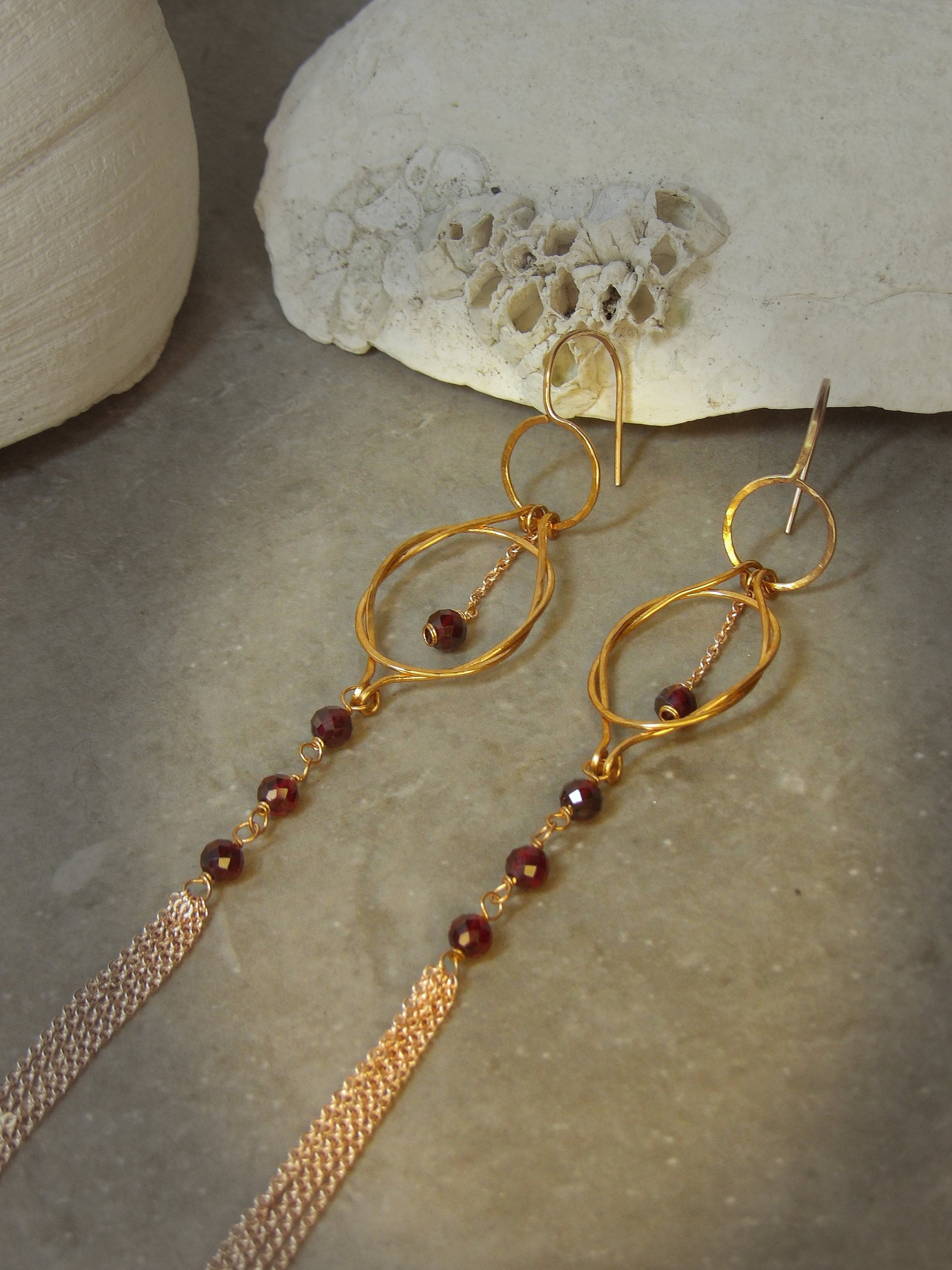 genuine garnet earrings, Hellenistic jewelry, hercules knot, lovers knot, sailors knot, bronze earrings, bronze jewelry, january birthstone, tassel earrings, dangle earrings