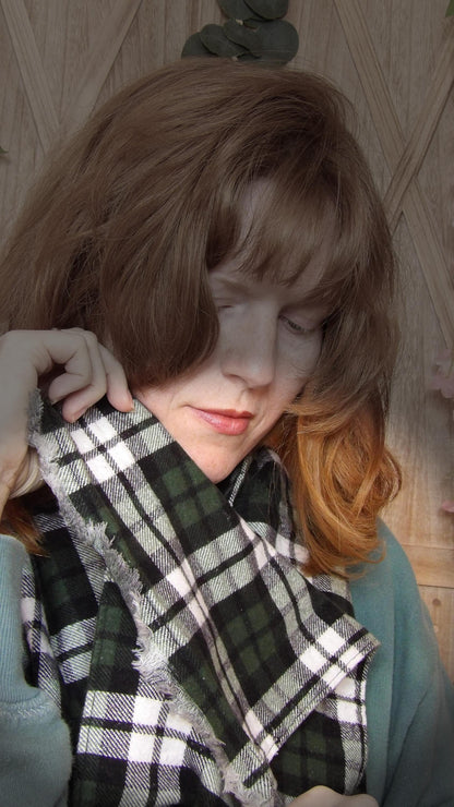 Model wearing maclean hunting tartan flannel scarf made of 100% cotton. Soft, warm cotton fleece. Handmade in Washington State, USA