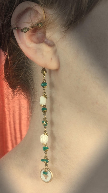 Rustic Ear Wrap With Green Onyx Chips, Mother Of pearl Roses and old world style cross coin on a brass star chain. Piercless ear cuff frame that rests behind the ear