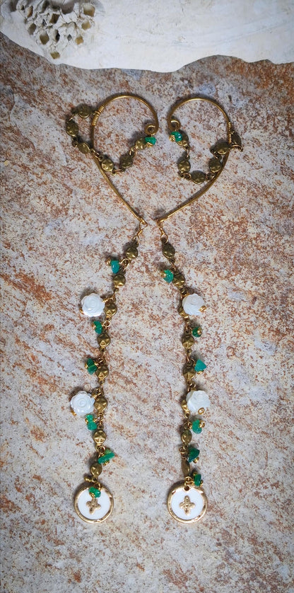 Rustic Ear Wrap With Green Onyx Chips, Mother Of pearl Roses and old world style cross coin on a brass star chain. Piercless ear cuff frame that rests behind the ear