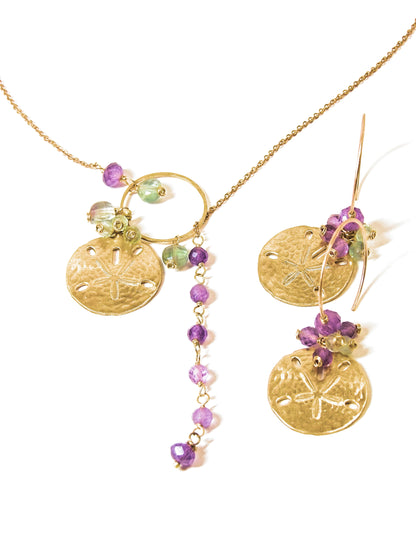 Sand Dollar Charm Lariat Necklace with Amethyst & Fluorite Beads – Tidal Collection