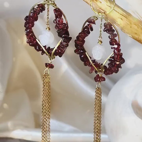 Genuine Garnet Earrings With White Jade Roses Hellenistic Style | Symbolic Jewelry | Ancient Greek Knot | January Birthstone