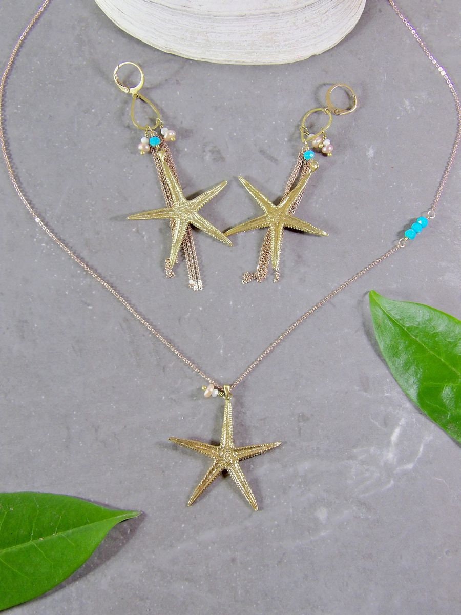 Starfish Earrings With Nacozari Turquoise & Pearls | Artisan Boho Chic Jewelry