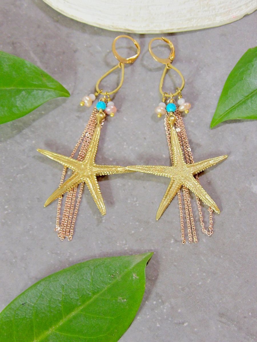 Starfish Earrings With Nacozari Turquoise & Pearls | Artisan Boho Chic Jewelry