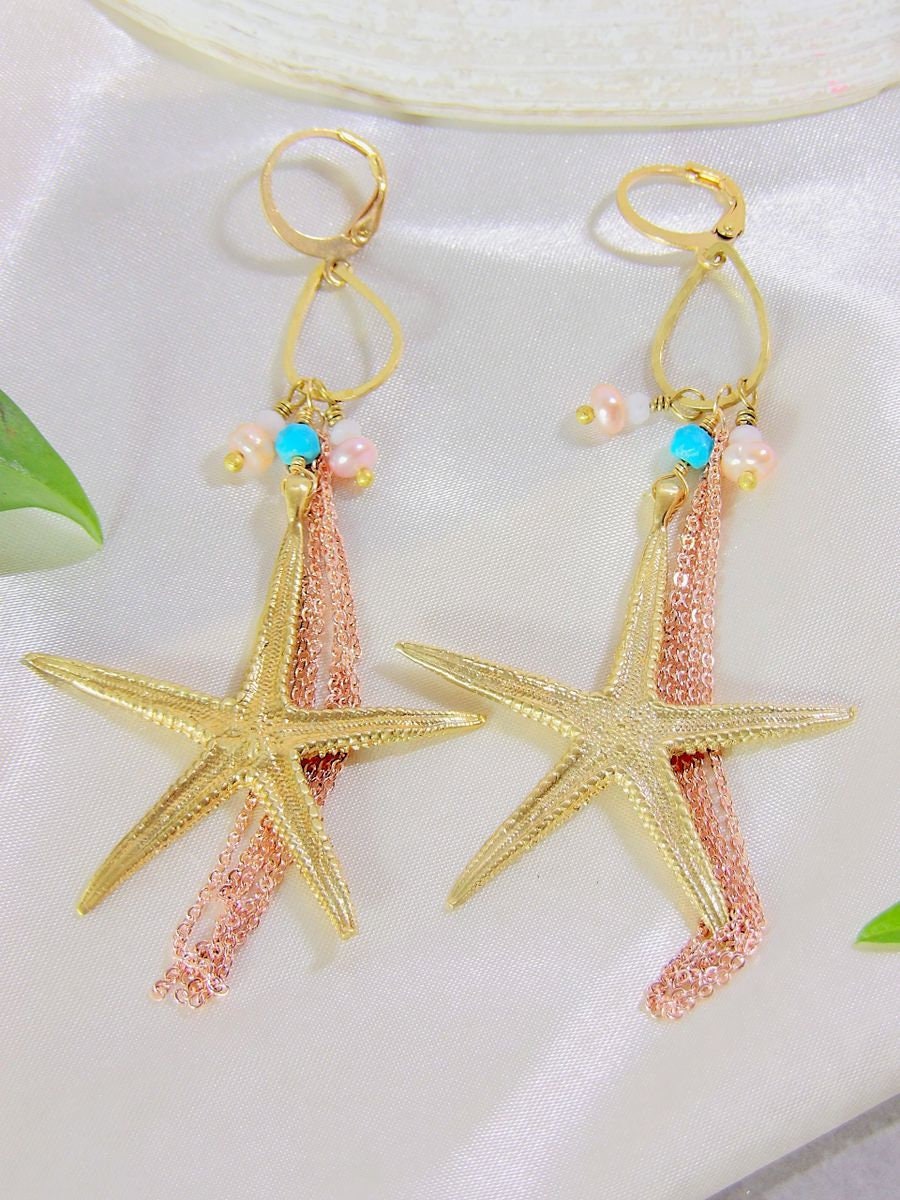 Starfish Earrings With Nacozari Turquoise & Pearls | Artisan Boho Chic Jewelry