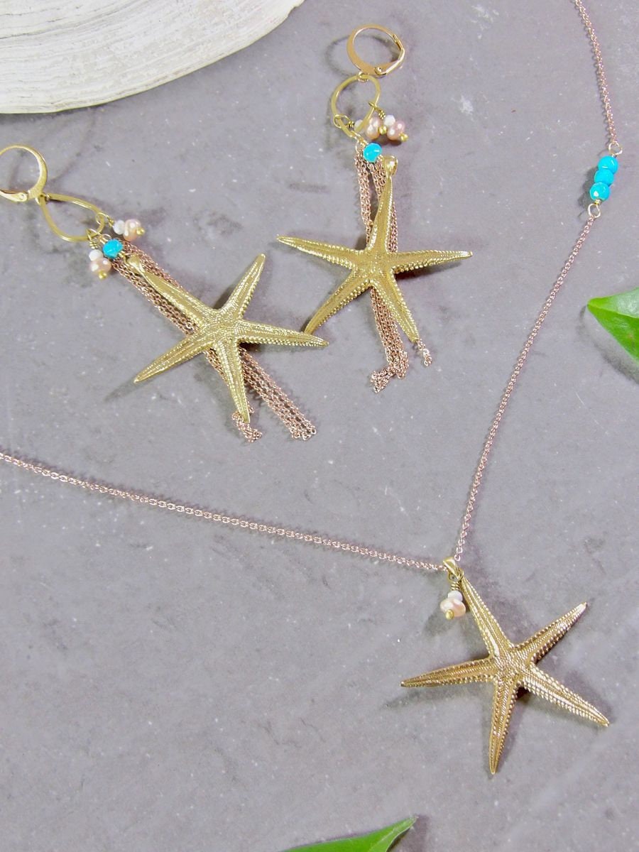 Starfish Earrings With Nacozari Turquoise & Pearls | Artisan Boho Chic Jewelry