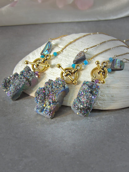 druzy agate necklace with toggle clasp blue apatite and amethyst