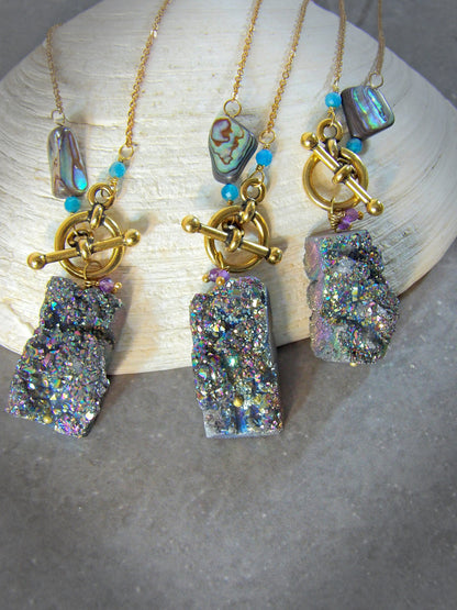 druzy agate necklace with toggle clasp blue apatite and amethyst