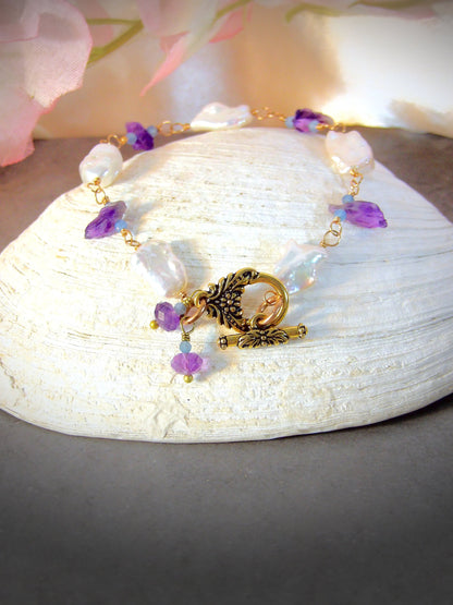 Natural Baroque Pearl Bracelet Amethyst & Aquamarine | Toggle Bracelet | Siren Jewelry | Ethical Gemstones | Ocean Jewelry | Keshi Pearls