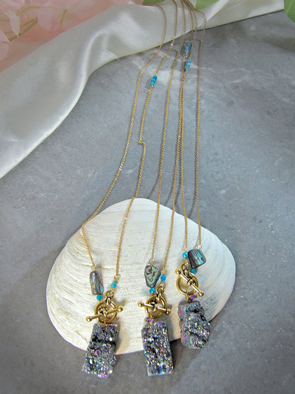 druzy agate necklace with toggle clasp blue apatite and amethyst