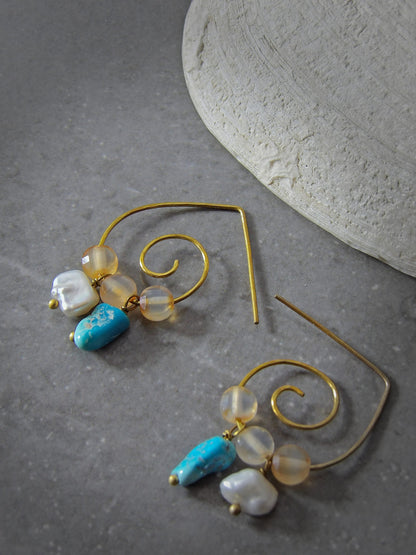 Hammered Spiral Hoop Earrings | Genuine Arizona Turquoise | Baroque Freshwater Keshi Pearls & Carnelian | Ethical Boho Jewelry