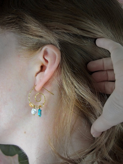 Hammered Spiral Hoop Earrings | Genuine Arizona Turquoise | Baroque Freshwater Keshi Pearls & Carnelian | Ethical Boho Jewelry