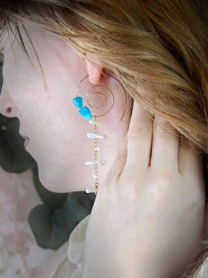 Spiral Hoop Earrings With Biwa Pearls & Genuine Arizona Turquoise | Artisan Hammered Bronze | Ethical Bohemian Jewelry | Sustainable Fashion