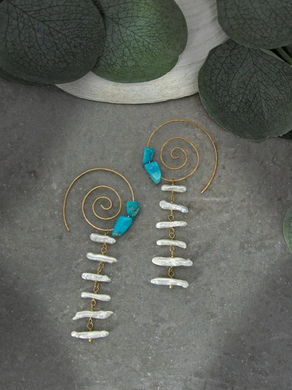 Spiral Hoop Earrings With Biwa Pearls & Genuine Arizona Turquoise | Artisan Hammered Bronze | Ethical Bohemian Jewelry | Sustainable Fashion